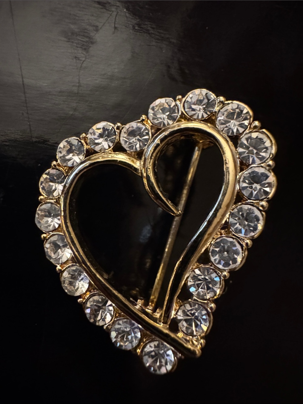 Vintage Jewelry Open Heart Gold Tone Clear Rhinestone